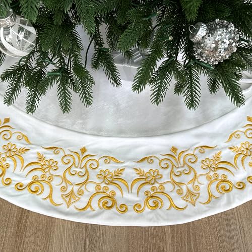 72-Inch Victorian Velvet Christmas Tree Skirt with Gold Damask Embroidery and Plush Lace Ties, Burgundy