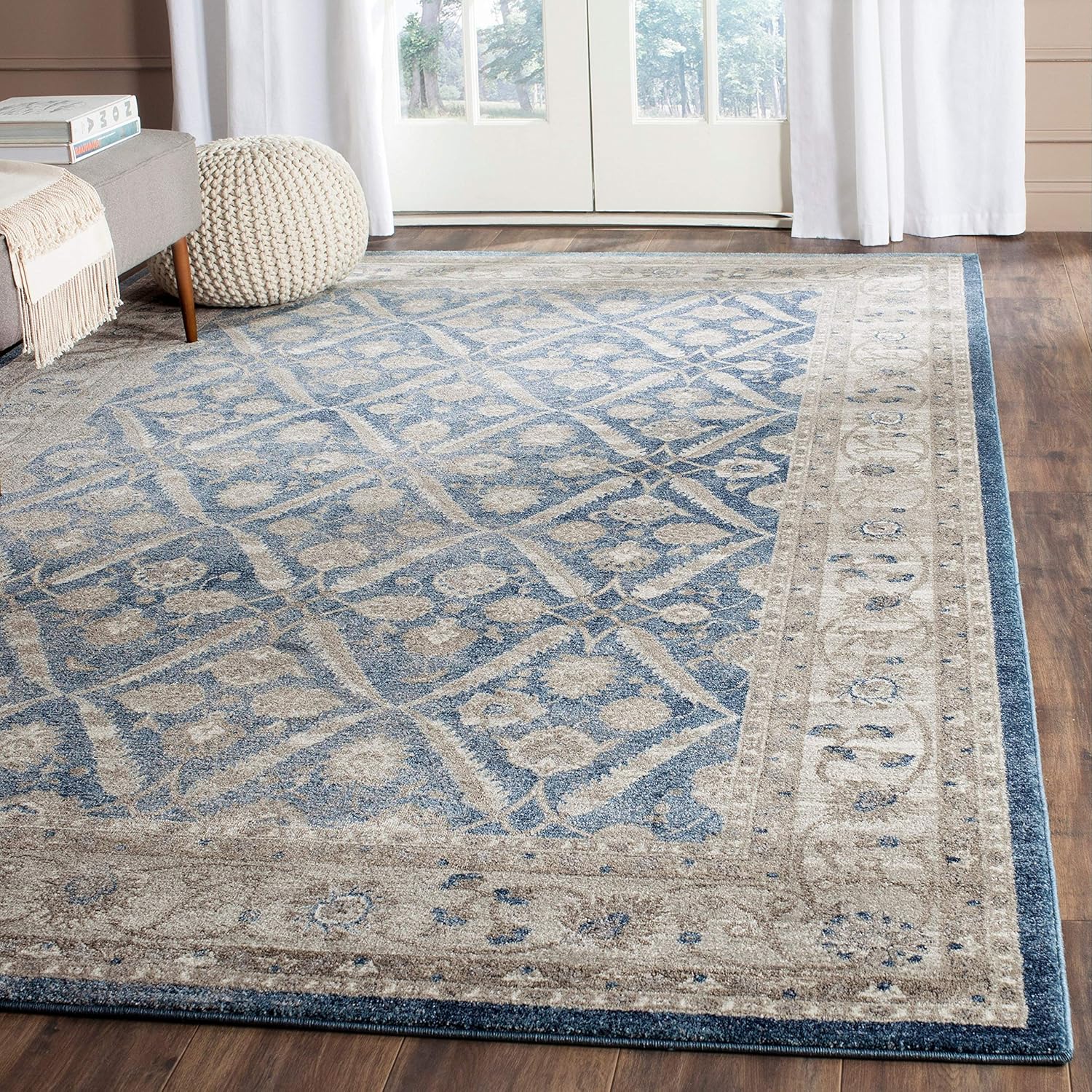 SAFAVIEH Sofia Collection Area Rug - 9' x 12', Blue & Beige, Vintage Oriental Distressed Design, Non-Shedding & Easy Care
