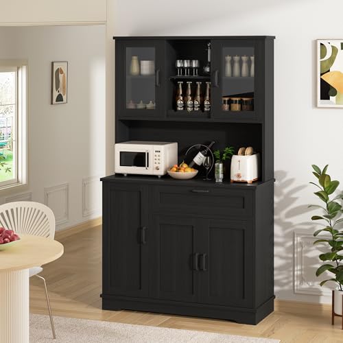 Shintenchi Kitchen Pantry Storage Cabinet, Freestanding Buffet Cabinet with Microwave Stand & 4 Door Shelves, Kitchen Hutch with Doors