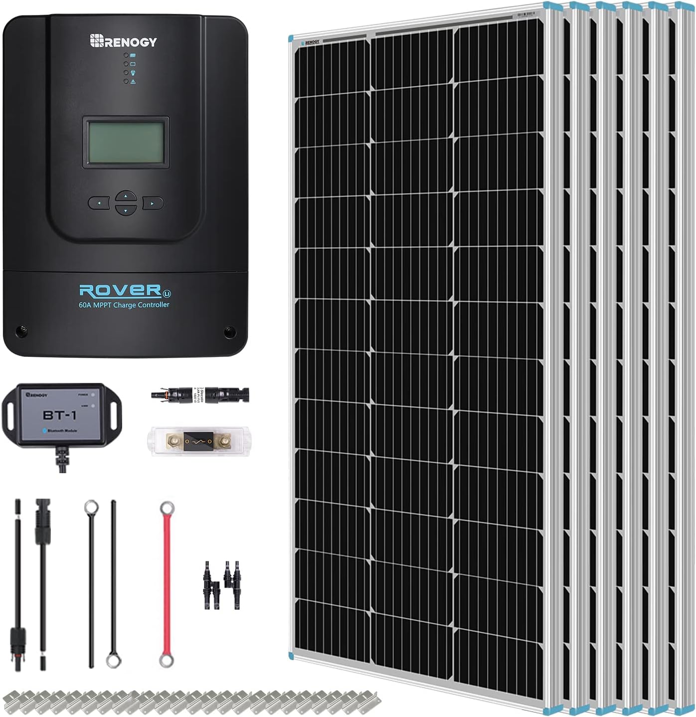Renogy 400 Watt 12 Volt Premium 4 Pcs 100W Panel+40A MPPT Charge Controller+ Bluetooth Module Fuse+ Mounting Z Brackets+Adaptor Kit +Tray Cables Set