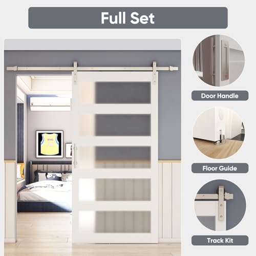 BARNSMITH 42in x 84in Glass Barn Door with 7FT Sliding Door Hardware Kit Included & Handle