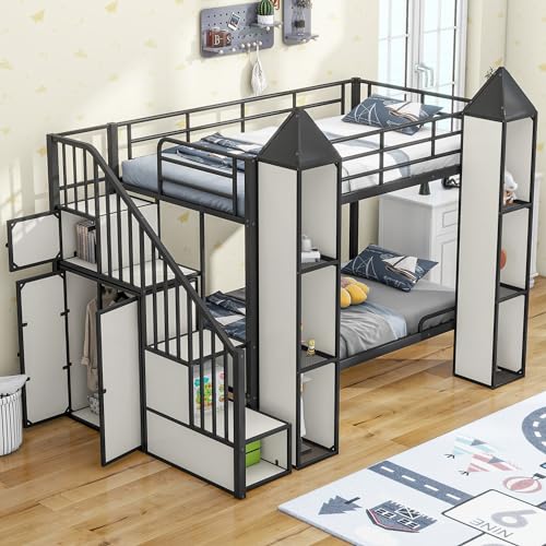 Full-Over-Full Castle Style Bunk Bed with 2 Drawers and 3 Shelves, Wood Bunk Bed Frame with Slide and Storage Staircase for Kids Teens Boys Girls