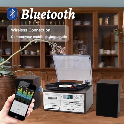 10 in 1 Record Player with External Speakers, 3 SpeedTurntable with AM/FM Radio, CD & Cassette Player, Bluetooth, USB/SD Playback, Remote Control