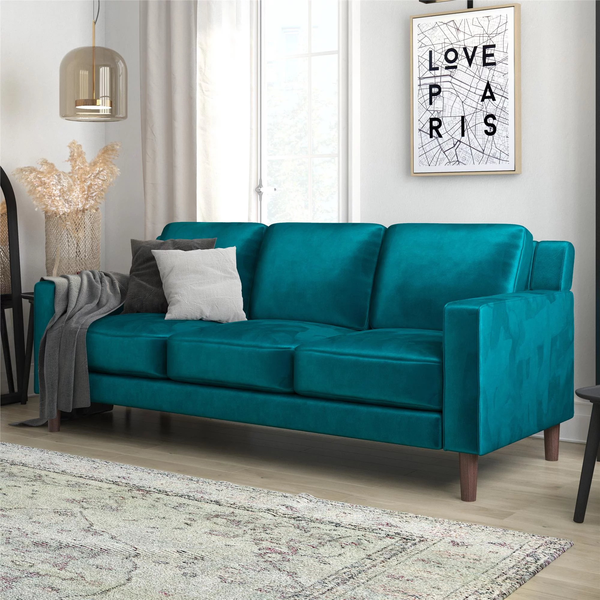 DHP Bryanna 3 Seater Sofa , Green Velvet