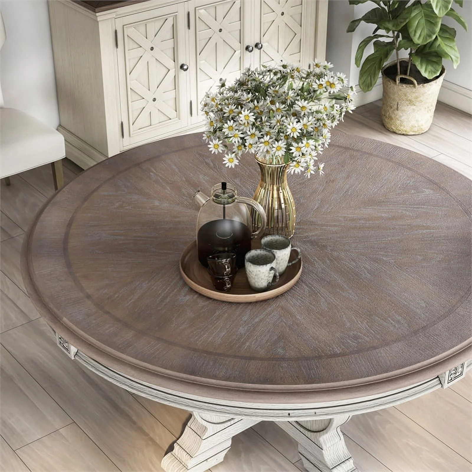 Furniture of America Clyde Rustic Wood Round Dining Table in Antique White