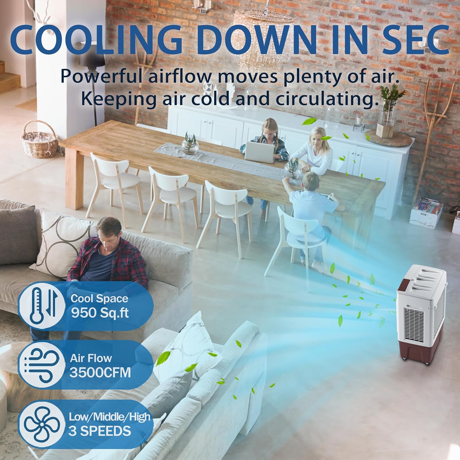 Evaporative Cooler, 3500CFM Evaporative Air Cooler with 8 Gal Large Tank, 130°Oscillation Swamp Cooler Air Conditioner with Push Button, 2 Ice Packs