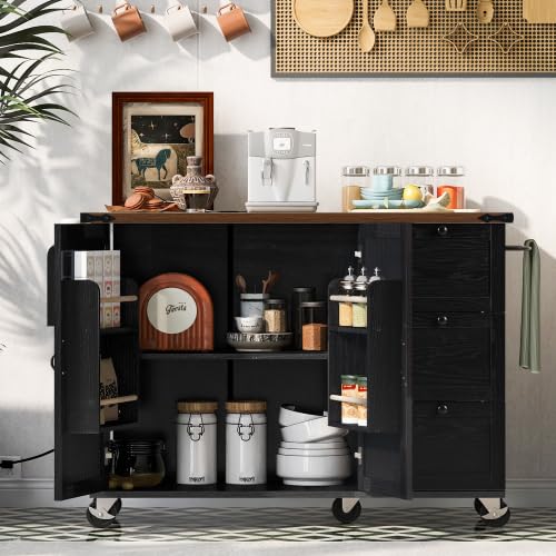 Bellemave Kitchen Island with Storage Cabinet on Wheels, 53.5'' Mobile Kitchen Cart with Power Outlet, Drop Leaf, Spice/Towel Rack and Drawer