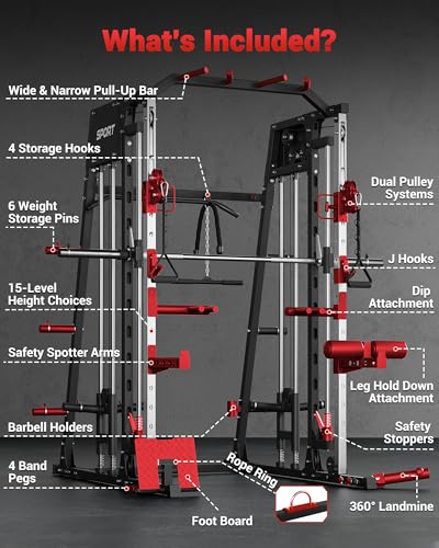 Smith Machine Home Gym All in One, 2200LBS Squat Rack Power Cage with Smith Bar, LAT Pull-Down, Cable Systems, Leg Hold-Down and More Attachments