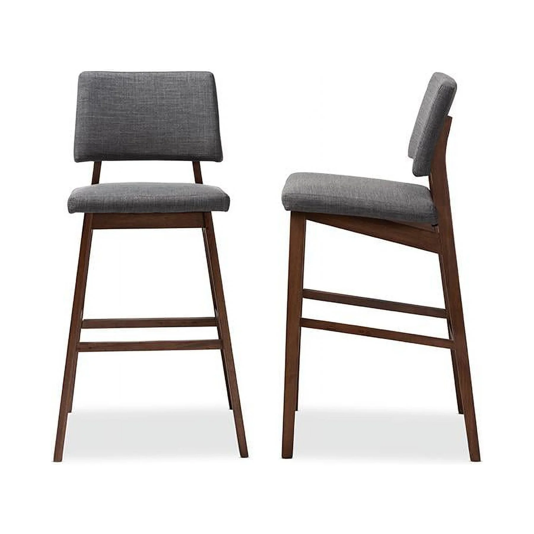 Baxton Studio Colton Mid-Century Modern Dark Gray Fabric Upholstered and Walnut-Finished Wood Bar Stool Set of 2