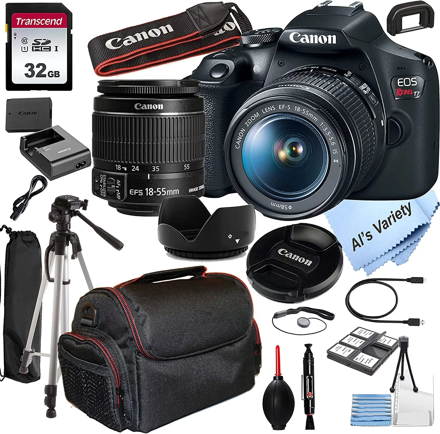 Canon EOS Rebel T7 DSLR Camera w/EF-S 18-55mm F/3.5-5.6 Zoom is II Lens + 32GB Memory + Case + Tripod 20pc Bundle