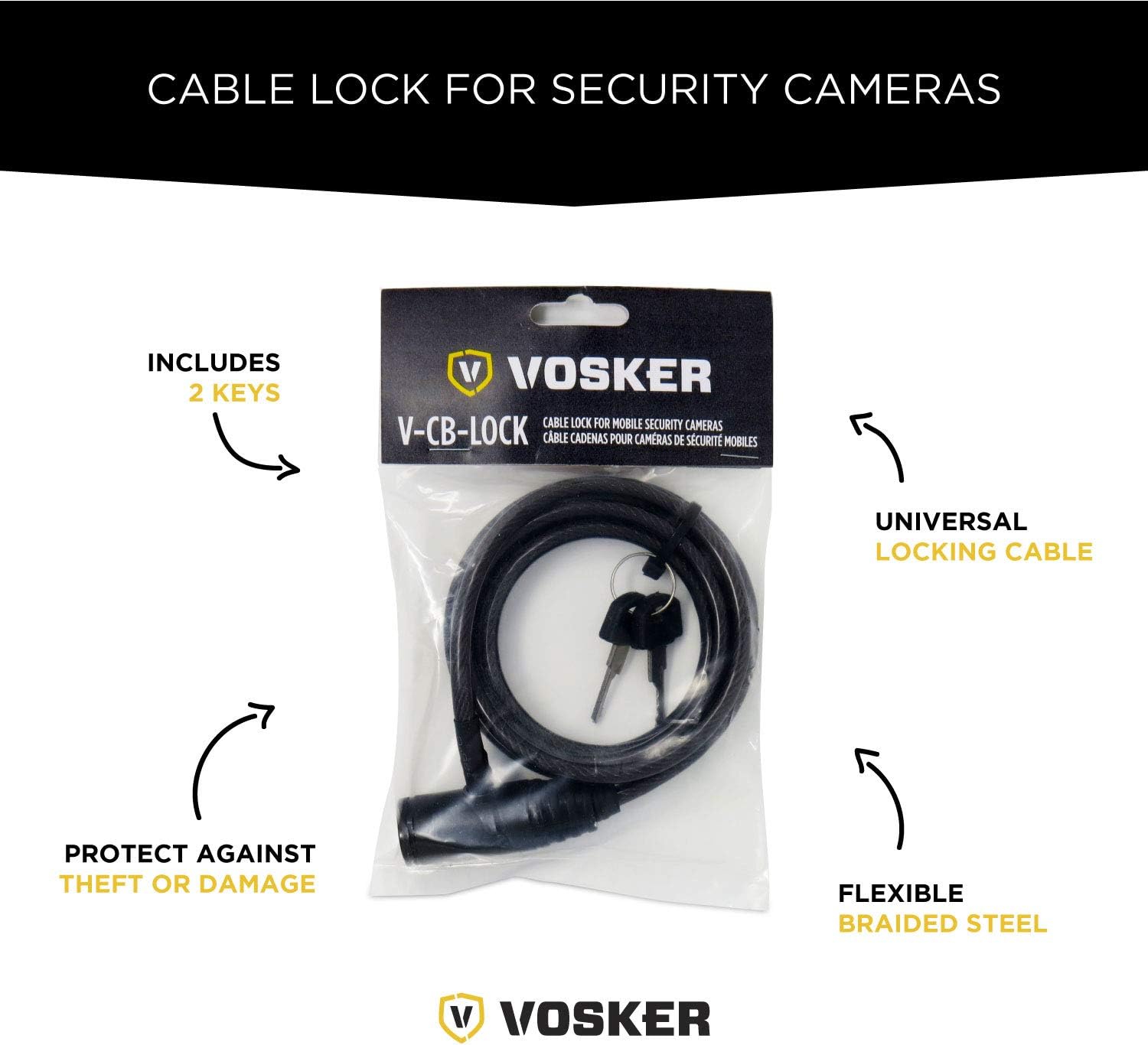 Vosker Security Camera Security Cable Lock with 2 Keys, Flexible Braided Steel, 6 Feet Long, Universal Cam and Protection Box Support