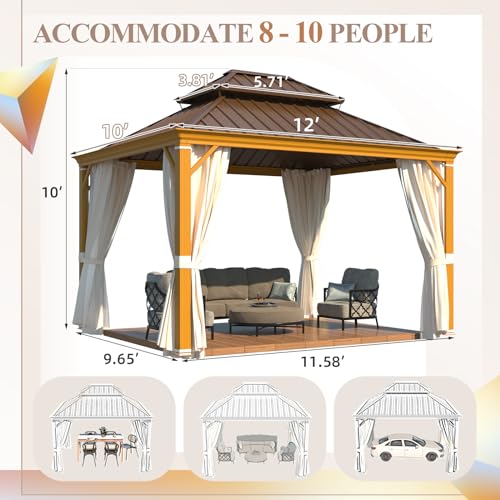 YOLENY 10' x 12' Hardtop Gazebo, Metal Gazebo with Aluminum Frame, Double Galvanized Steel Roof, Curtains and Netting Included
