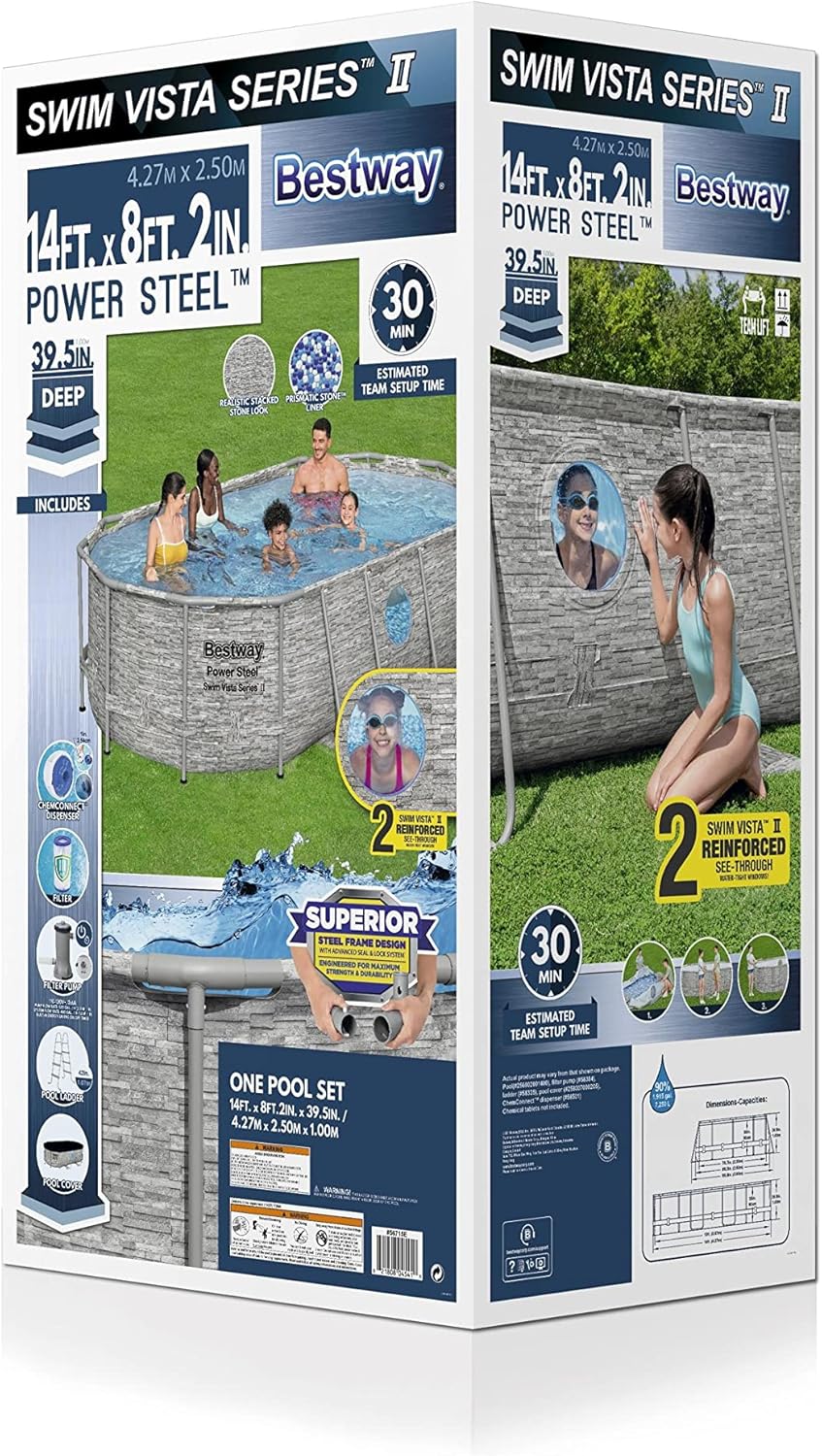 Bestway 56711E Power Steel 18' x 9' x 48 Outdoor Oval Frame Above Ground Swimming Pool Set with 1500 GPH Cartridge Filter Pump, Cover, & Ladder, Gray