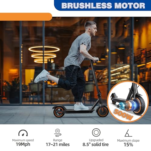 Electric Scooter for Adults, 8.5” Solid Tires, 500W Motor, Up to 19 MPH, 21 Miles Range Commuter Escooter, with Dual Brake System, APP, LED Display
