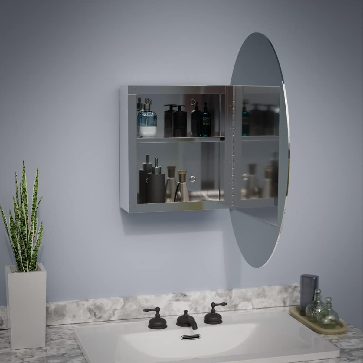 Renovators Supply Manufacturing Oval Wall Mounted Medicine Cabinet Brushed Stainless Steel Bathroom Storage Cabinet with Mirror 26" x 18" Hanging