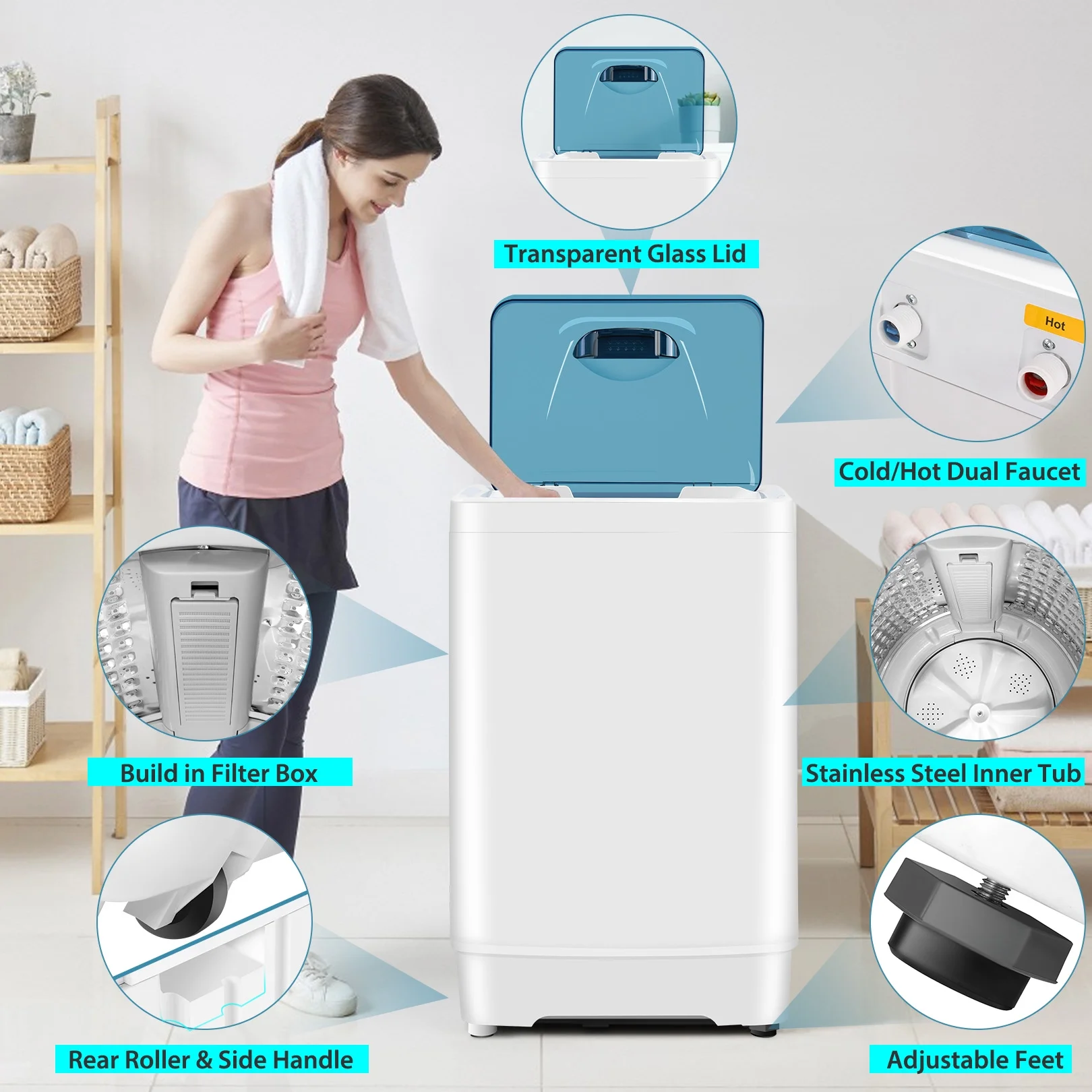 Qhomic Fully Automatic Washing Machine, 17.8lb Large Capacity Portable Washing Machine with Dual Inlets for Hot and Cold Water