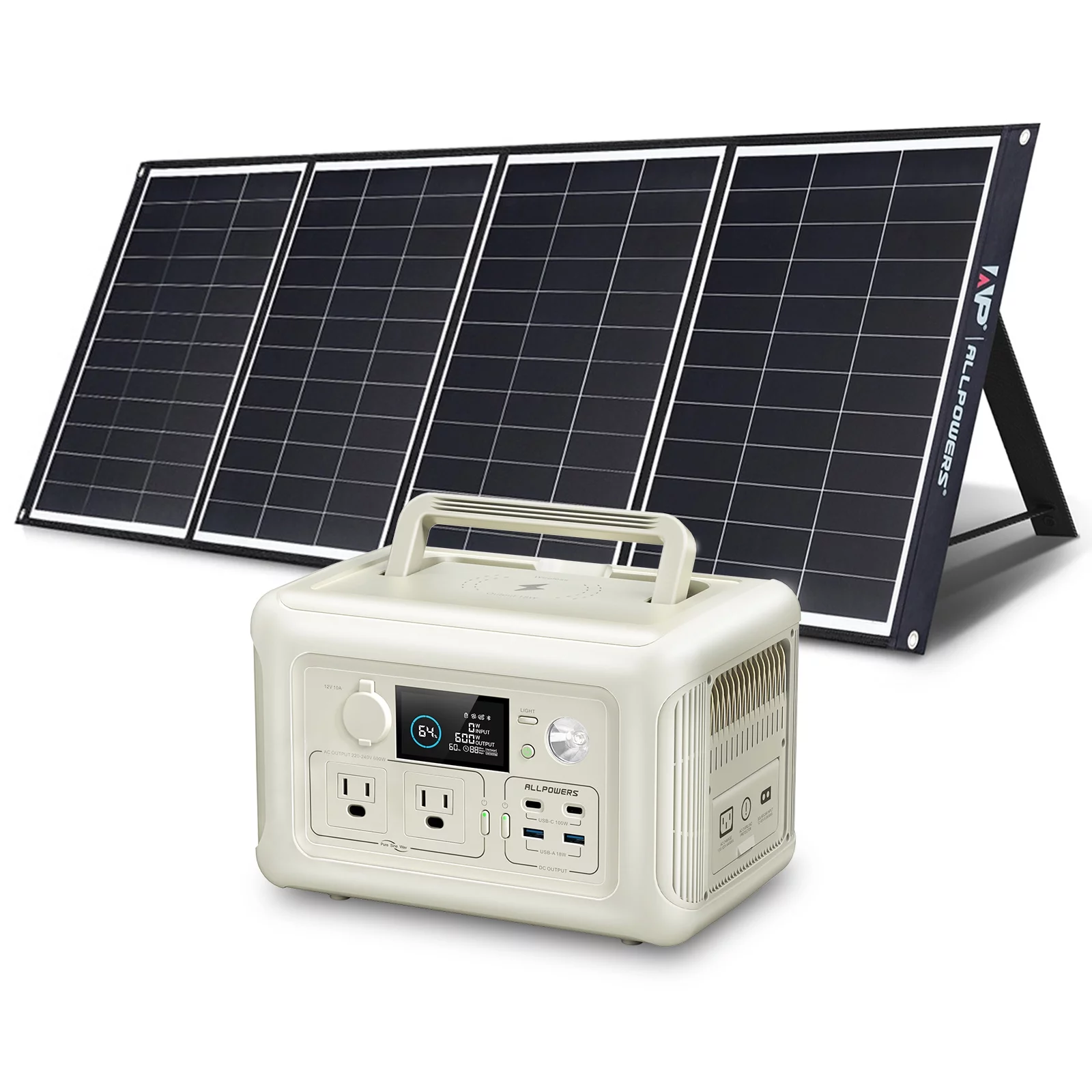 ALLPOWERS Beige R600 Solar Generator Kit, 200W Monocrystalline Foldable Solar Panel with 299Wh 600W Portable Power Station