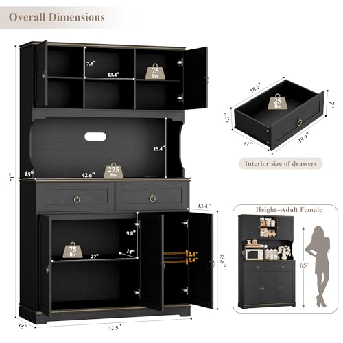 HOSTACK Large Kitchen Pantry Cabinet with Charging Station, 71" Kitchen Hutch Cabinet with Storage Drawers and Countertop