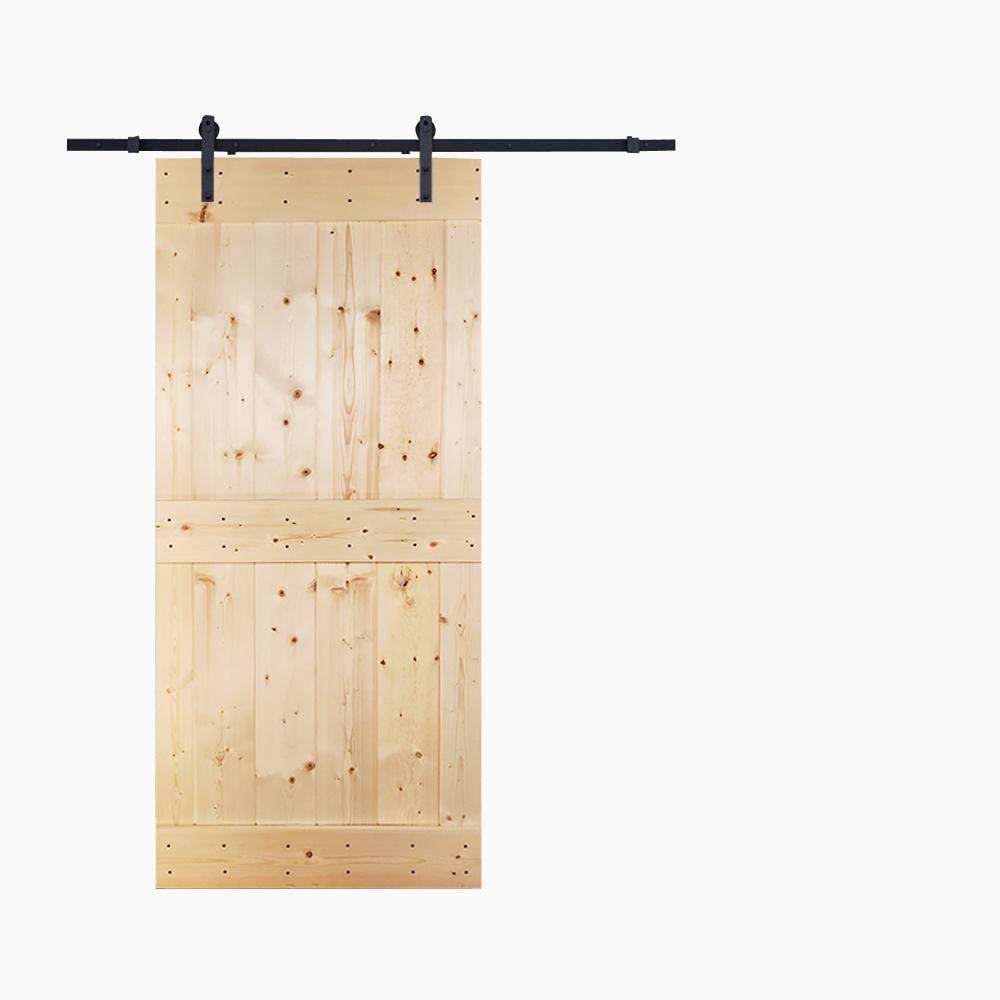 CALHOME 36 in. x 84 in. Mid-Bar Unfinished Knotty Pine Wood Interior Sliding Barn Door with Hardware Kit