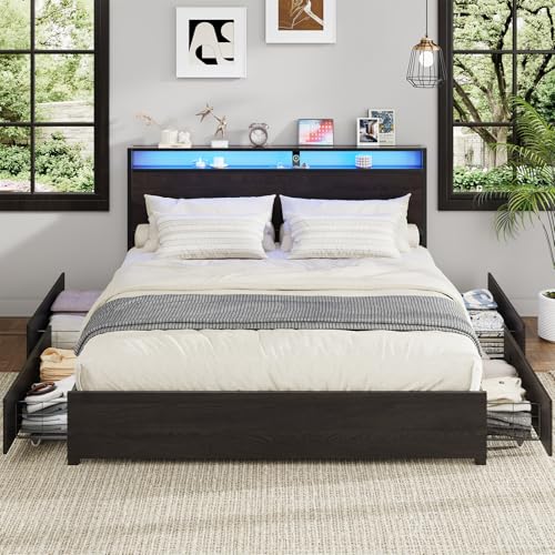 Full Size Bed Frame with Headboard, LED Platform Bed with 4 Storage Drawers, Built in Charging Station, Noise-Free, Metal Support Base