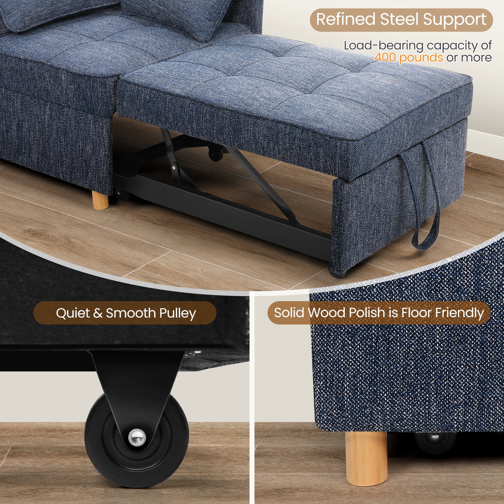 Linen Sofa Beds Chair, 4 in 1 Convertible Chair Sleeper Bed with 5 Adjustable Backrest and 2 Pillows, Blue