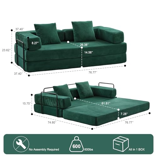 Convertible Sleeper Sofa Bed with Cylindrical Pillow, Corduroy Folding Mattress Couch with Fixed-Shape Frame