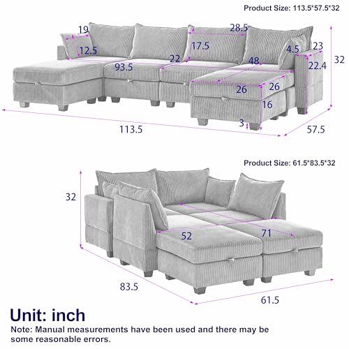 Oversized Modular Storage Sectional Sofa Customizable Seating Group Sofa&Couch Convertible Sleeper Sofabed with Movable Ottomans and Seat