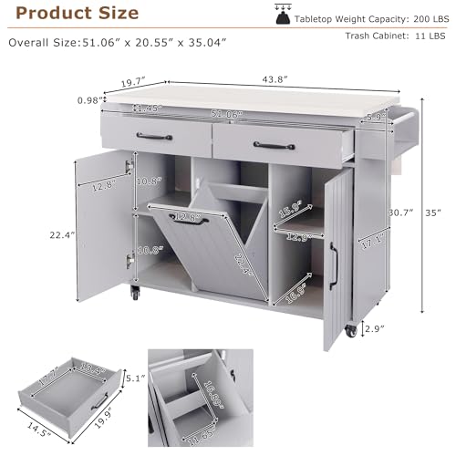 53.5'' Farmhouse Kitchen Island with Power Outlet, Kitchen Storage Island with Drop Leaf, Spice Rack and Drawer