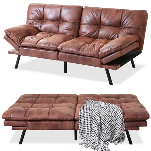 MUUEGM Faux Leather Futon Bed, Convertible Memory Foam Sofa Bed, Modern Love Seat for Living Room,Compact Space,Apartment,Office