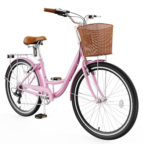 MOONCOOL Womens Bike 7 Speed, 24 26 inch Beach Cruiser Bikes for Women, Step Through Adult Bicycle with Front Basket for City Commuting
