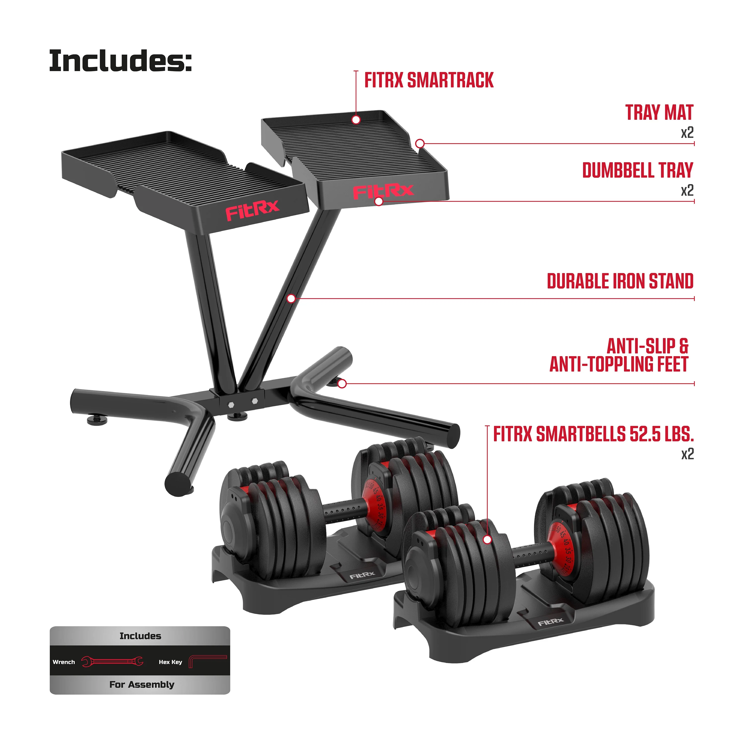 FitRx SmartBell, Quick-Select Adjustable Dumbbell for Home Gym, 5-52.5 lbs. Weight, Black, Single