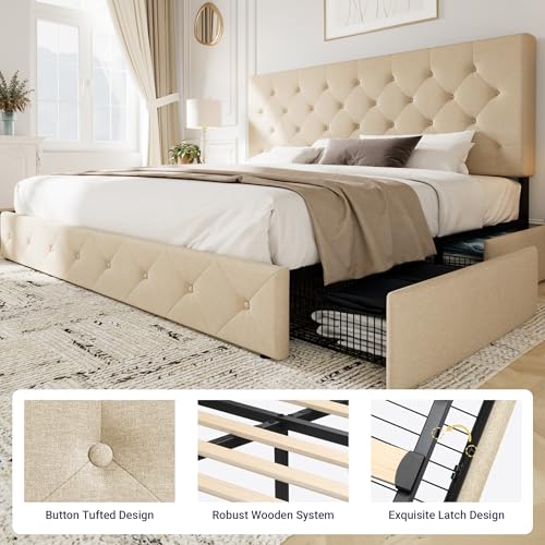 Allewie Upholstered Queen Size Platform Bed Frame with 4 Storage Drawers and Headboard, Square Stitched Button Tufted