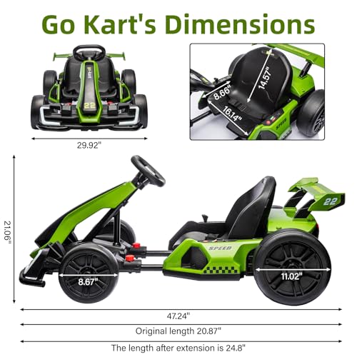 24V Electric Go Kart for Kids，Powerful Drift Kart with 2 * 150W Motors, Adjustable Seat
