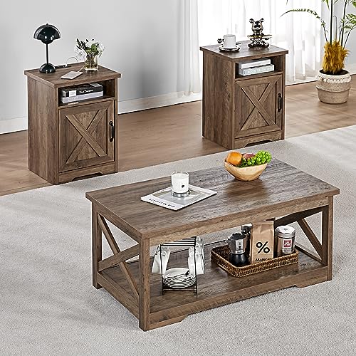 AMERLIFE 5-Piece Farmhouse Table Set Includes Fireplace TV Stand, Coffee Table& Two End Tables with Charging Station and USB Ports, for Living Room