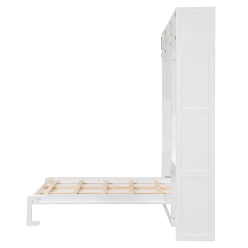 Polibi Full Size Wall Murphy Bed with Built-in Desk & Shelves - Multi-Functional Wall Bed for Small Apartments, 3 Storage Cabinets