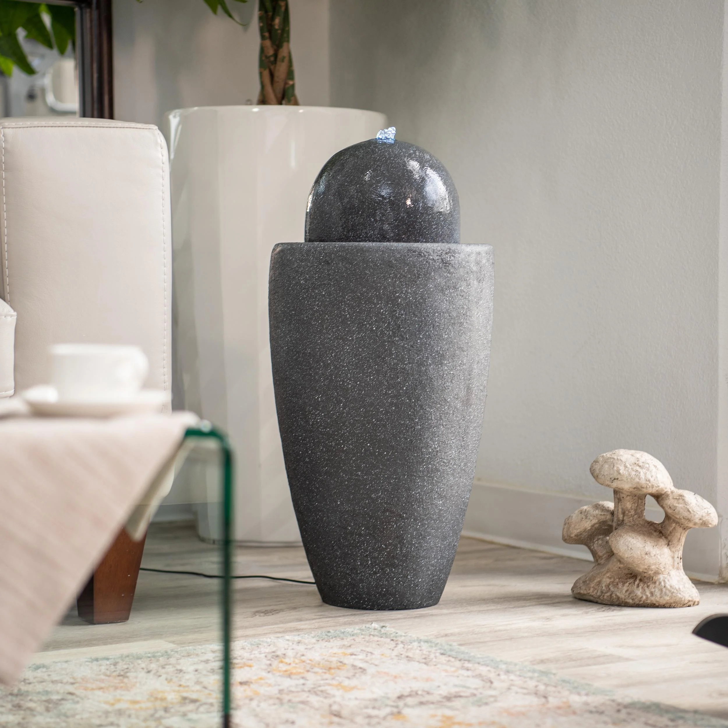 XBrand 25.98"W Round Stone Indoor/Outdoor Modern Stone Textured Sphere Water Fountain w/LED Lights, Ball Water Fountain Decor, Garden Sphere Fountain