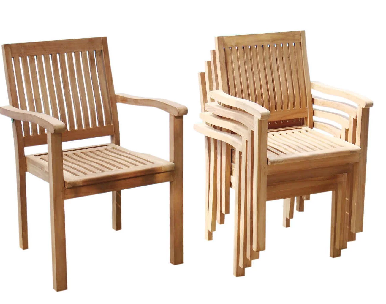 Grade-A Teak Dining Set: 6 Seater 7 Pc: 48" Round Table And 6 Leveb Stacking Arm Chairs Outdoor Patio WholesaleTeak #51LV1007