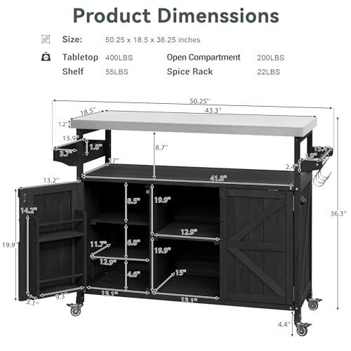 Farmhouse Kitchen Island with Power Outlet, Drop Leaf, Spice Rack and Drawer,Rolling Kitchen Cart on Wheels