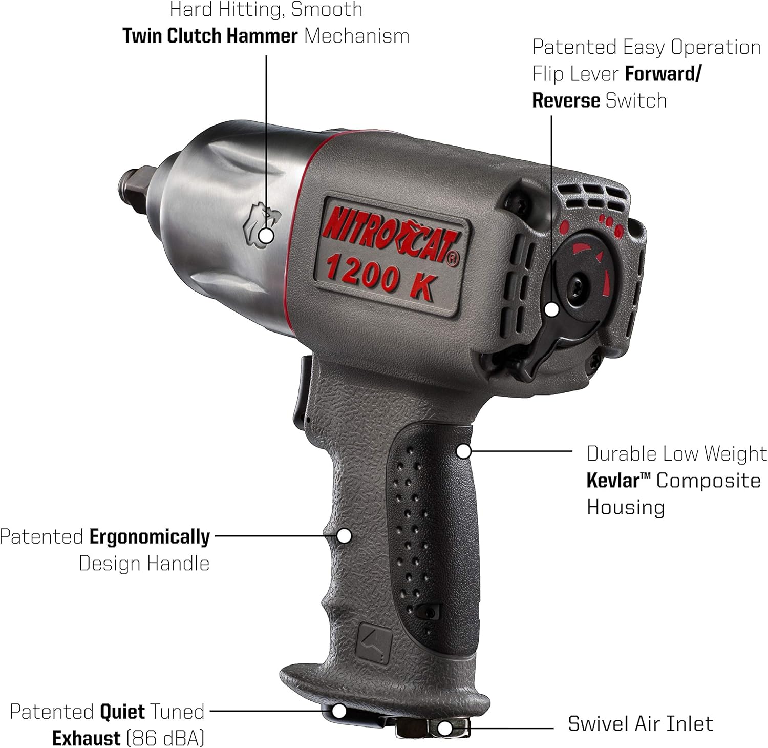 AIRCAT 1200-K 1/2-Inch Nitrocat Kevlar and Composite Twin Clutch Impact Wrench 1295 ft-lbs