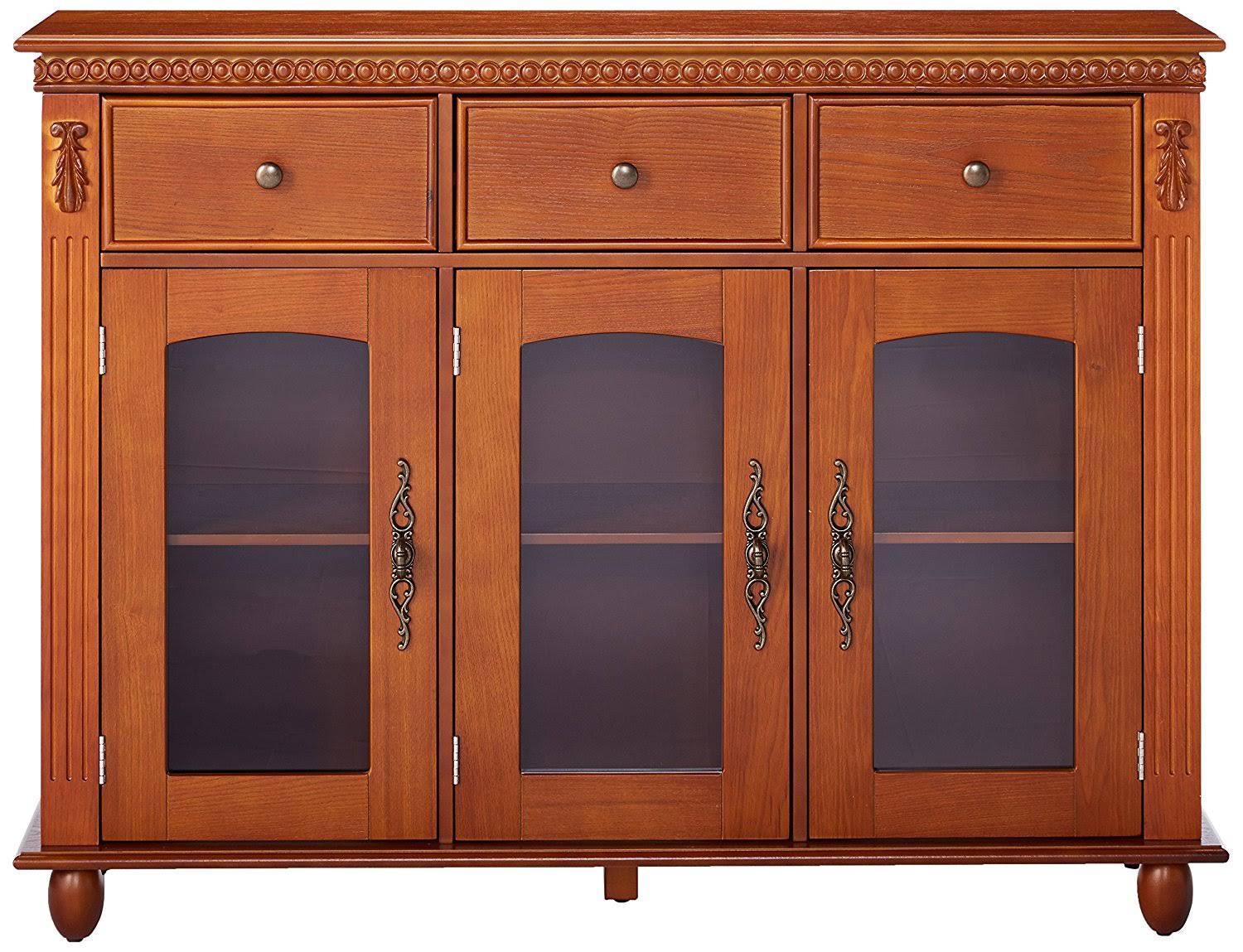 William Walnut Wood Contemporary Sideboard Buffet Console Table with Storage Drawers u0026 Glass Cabinet Doors, Brown