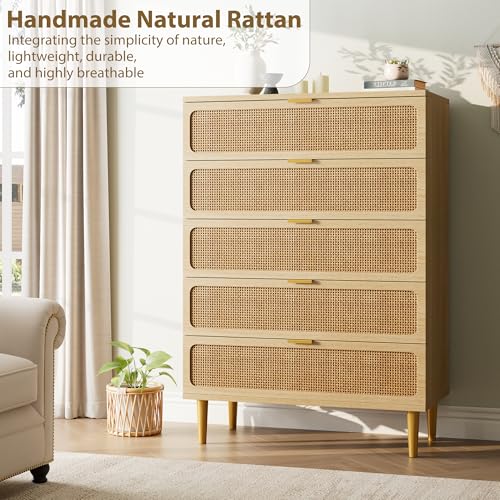 Rattan 5 Drawer Dressers for Bedroom, Tall Dresser with Deep Drawers, Large Chest of Drawers for Closet with Wide Top