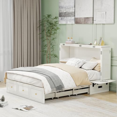 Murphy Bed Cabinet Full, Solid Wood Murphy Bed with 2 USB & 2 Charging Ports, Large Storage Drawer for Home Office or Small Space
