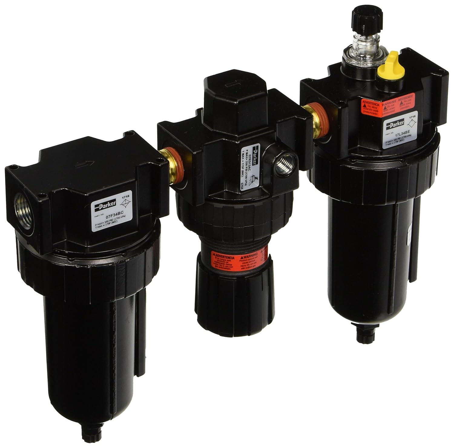 Parker 17A34B18A4BD Close Nippled Three Piece Filter/Regulator/Lubricator, 1/2" NPT, Metal Bowl with Sight Gauge, Twist Drain, 5 micron, 90 scfm