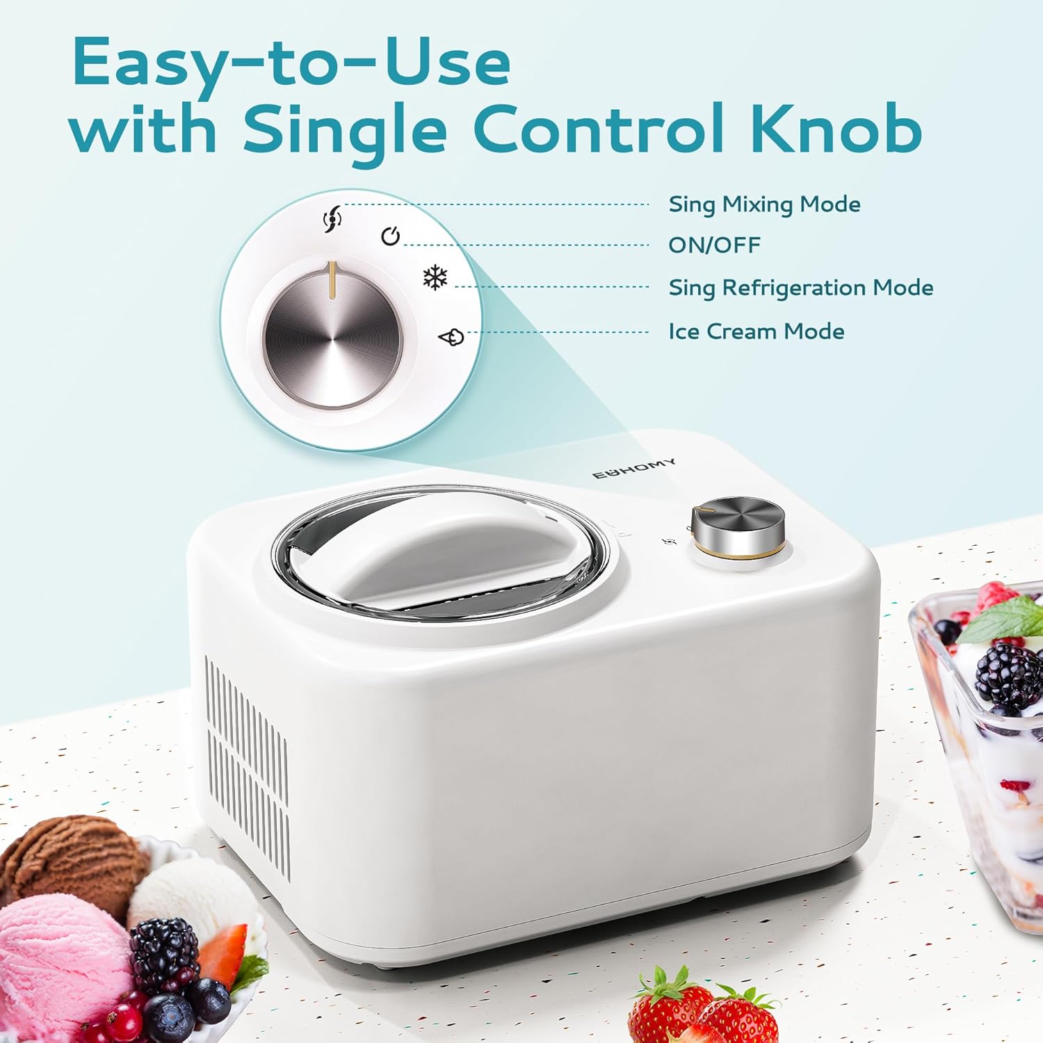 EUHOMY 1 Quart Auto Ice Cream Maker with Compressor, No Pre-freezing, 3 Modes Gelato Maker, Keep Cool Function, Easy-to-Clean