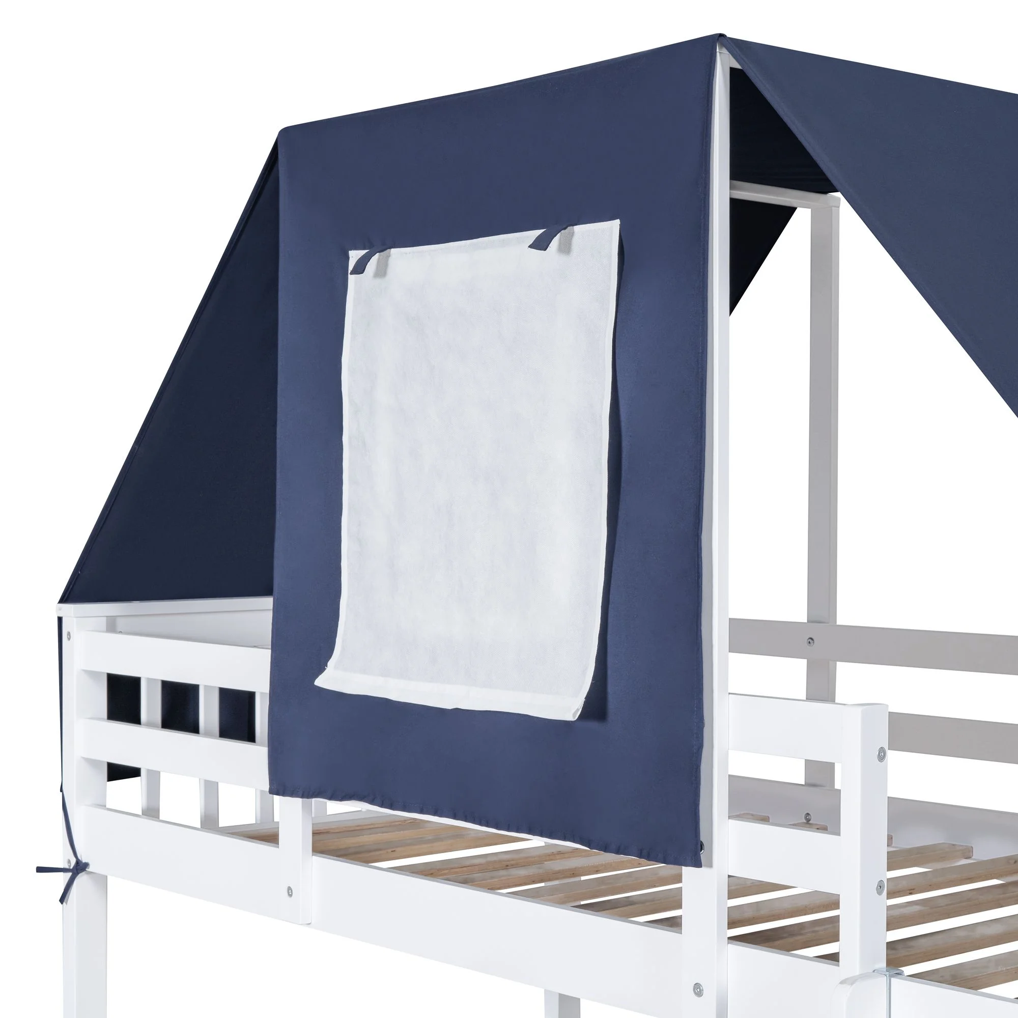 Twin Over Twin Bunk Bed with Tent and Drawers for Boys/Girls/Teens Bedroom, Wood Bed Frame with Safety Guardrail, No Box Spring Needed with Roof