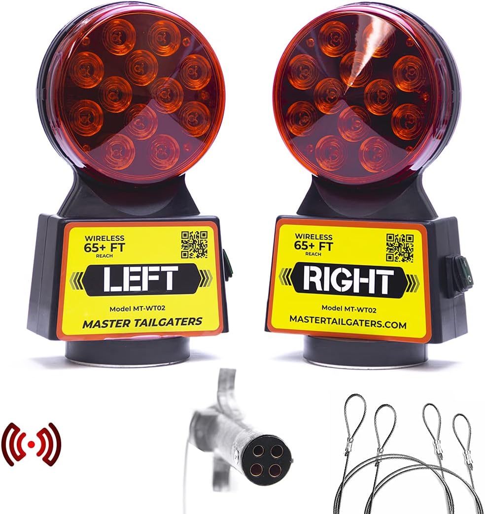 Master Tailgaters Wireless Trailer Tow Lights - Magnetic Mount - 48 Feet Range - 4 Pin Blade Connection + Safety Straps