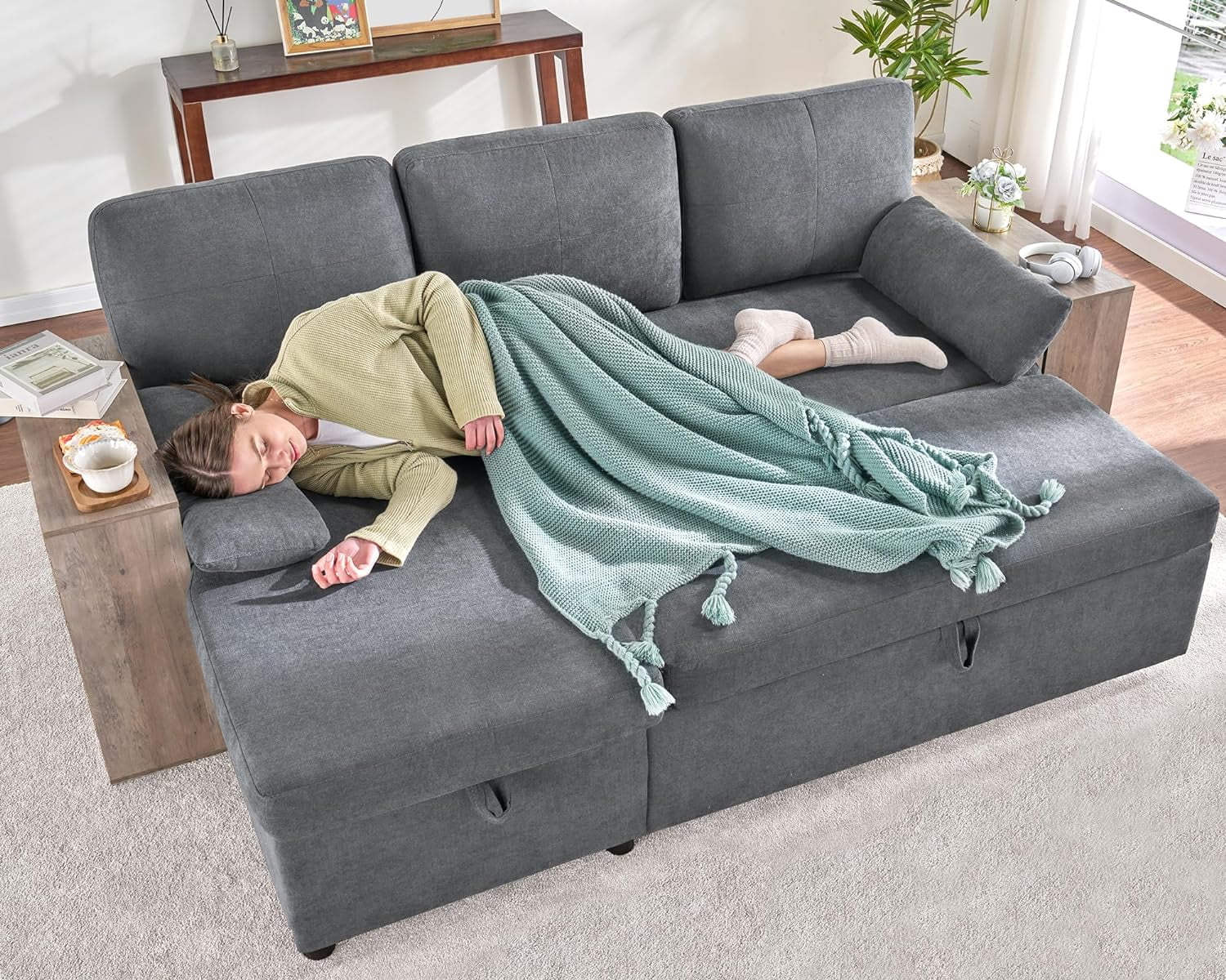 PaPaJet Sleeper Sofa, Pull Out Sofa Bed with 2 Cabinet Armrest, L Shape Sectional Couch Bed with Storage Chaise-Grey Couch