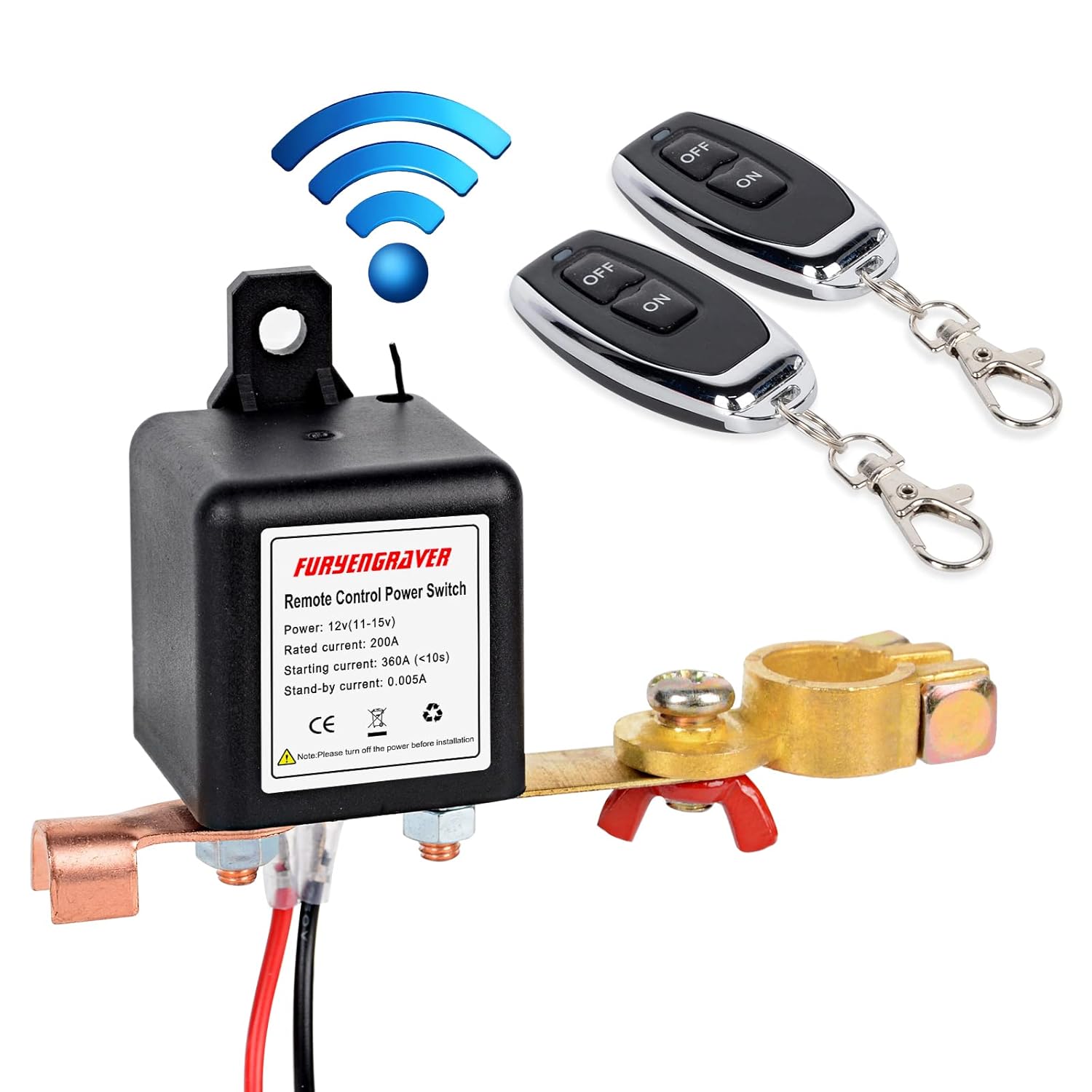 Remote Control Battery Disconnect Switch Kill Switch for Car with 2 Keys Anti-Theft DC12V 200A Electromagnetic Solenoid Valve Terminal