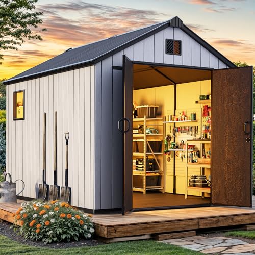 YITAHOME 8x10 FT Outdoor Storage Shed with Lockable Door, Large 544 Cuft Resin Shed with Floor Roof Windows Vents