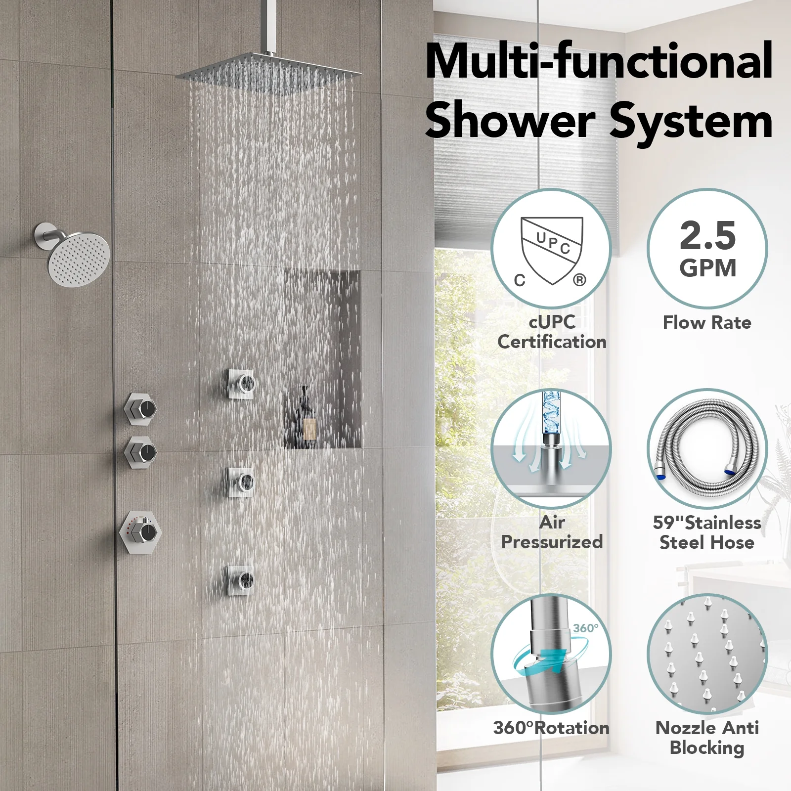 EVERSTEIN Dual Heads Thermostatic Shower Faucet Set 12" Rainfall & High Pressure 6" Fixture Shower System with Rough-in Valve Side Jets Spray Brushed